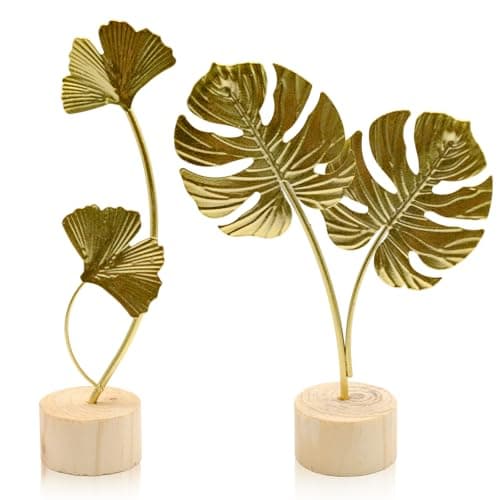 Image of JLNGTHONG 2 Pcs Metal Gold Decor Statues, Leaves Ornaments Modern Creative Home Décor Accents Statue for Office, Room, Bookshelf, Home Decor (Monstera, Ginkgo)