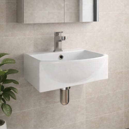 Image of Wall Hung Basin Sink Small Cloakroom Square Curved Ceramic Wash Basin White Bathroom Vanity Sink with One Tap Hole White Gloss 350 x 350mm