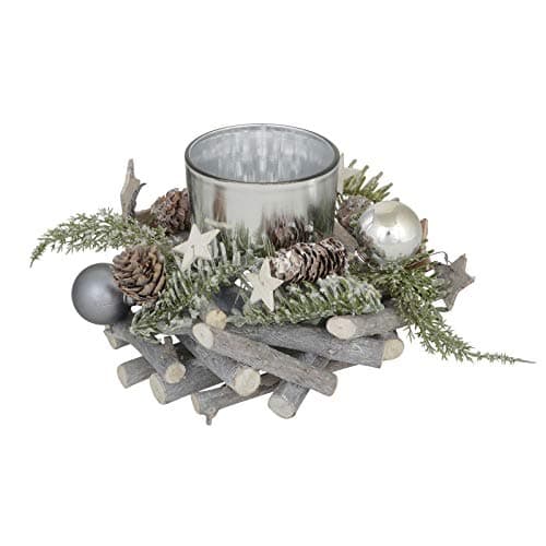 Image of 16cm Round Wooden Christmas Candle Holder Decoration Rustic Grey Sticks Silver Baubles White Stars Pine Cones Tealight Votive Festive Tabletop