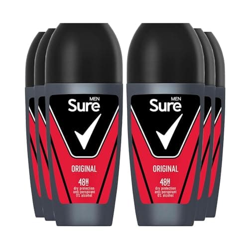 Image of Sure Antiperspirant Roll On Original 48H Sweat and Odour Protection Roll On with Citrusy, Spicy and Woody Scent Deodorant for Men, 50ml Pack of 6