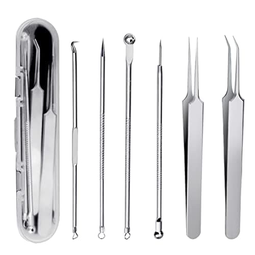 Image of 6 Pieces Blackhead Remover Tool Kit, Stainless Steel Comedone Extractor Tweezers Acne Needle Blemish Whitehead Removal Pimple Zit Spot Popper Patches for Nose Face Skin