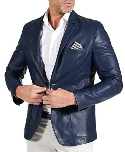 Image of D'Arienzo Mens Italian Blue Navy Genuine Leather Blazer Spring Summer Single Breasted Jacket Genuine Leather Made in Italy Luke 50/M/Blue