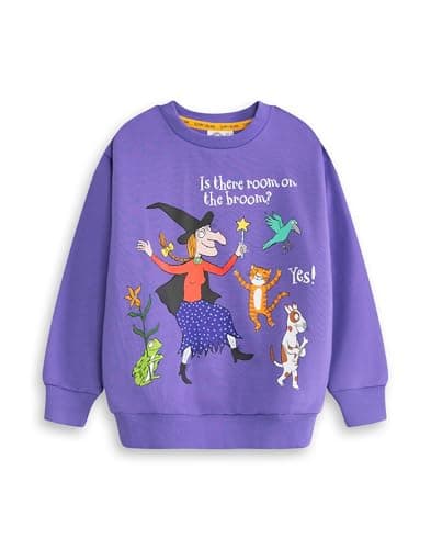 Image of Gruffalo Room On The Broom Witch, Cat, Dog, Frog, Bird Unisex Kids Purple Sweatshirt | Cartoon Graphic Top with 'Is there room on the broom? Yes!' | Room On The Broom Merch - 3-4 Years