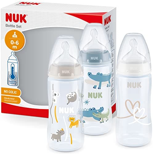 Image of NUK First Choice+ Baby Bottles Set | 0-6 Months | Temperature Control | Anti Colic Vent | 300 ml | BPA-Free | Silicone Teat | 3 Count | Safari
