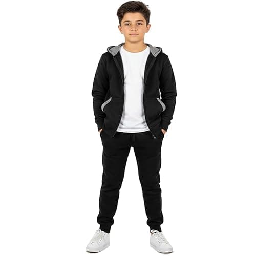 Image of SKT SIGNATURE Boys Plain Hooded Tracksuit Kids Jogging Bottoms & Hoodie JUNIOR 7-13 (Black/Grey, 11-12 Years)