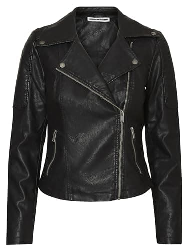 Image of Noisy May Women's Faux Leather Coat Motorcycle Outerwear Long Sleeve Shacket PU Coated NMREBEL, Colours:Black-2, Size:S