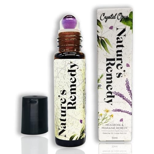Image of Headache Relief 10ml Roll-On Stick. Essential Oil & Amethyst Remedy to Ease Head Pain & Migraine. Camomile, Peppermint, Lavender, Rosemary & Eucalyptus. Aromatherapy & Crystal Rollerball.