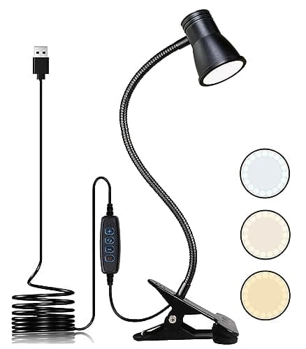 Image of KNAMKY USB LED Desk Lamp With Clip - 3 Light Modes, 10 Dimmable Brightness Levels, Eye-Caring Reading Light for Bed, Headboard, Studying and Working