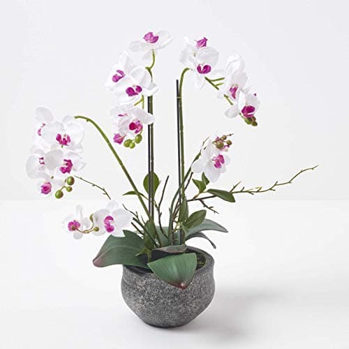 Image of HOMESCAPES Artificial White Orchid in Pot 52 cm Tall Lifelike Faux Orchid Plant In Grey Cement Pot with Real Touch Silk Flowers and Green Leaves Phalaenopsis Orchid Flower for Indoor Decoration