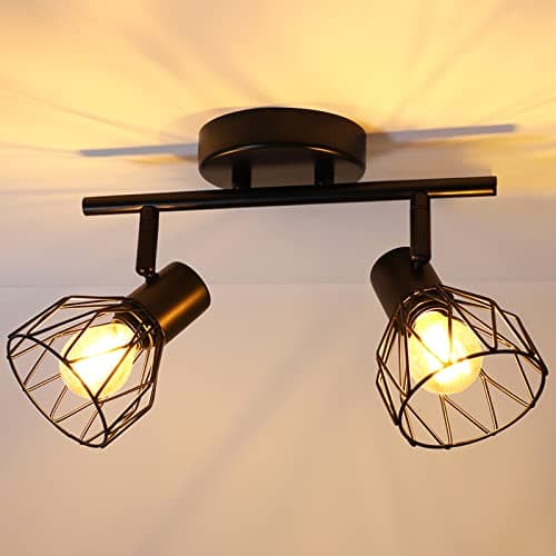 Image of Dehobo Spot Light Fittings for Ceilings Adjustable in Matt Black Wire Cage Wall Spotlights with E14 Base Kitchen Spot Lights Industrial 2 Way Ceiling Light Bar for Indoor Hallway Living Room Shop