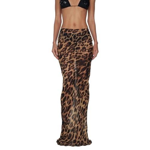 Image of FeMereina Women's Leopard Print Bodycon Long Skirt Casual Mid Waist Slim Fit Skirt Vintage Sheer Mesh Floor Length Maxi Skirt (Dark Brown, S)