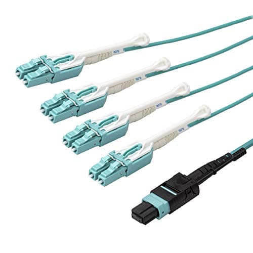 Image of StarTech.com 1m (3ft) MTP(F)/PC to 4x LC/PC Duplex Breakout OM3 Multimode Fiber Optic Cable, OFNP, 8F Type-A, 50/125µm LOMMF, 40G Networks, Low Insertion Loss, MPO to LC Fiber Patch Cord (MPO8LCPL1M)