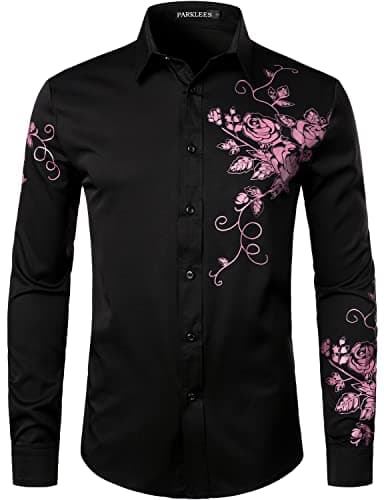 Image of PARKLEES Men's Hipster Rose Floral Print Design Slim Fit Long Sleeve Button Up Party Dress Shirt Black Pink XXL