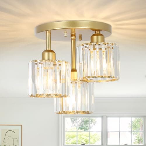 Image of Rayofly Modern Crystal Chandeliers Ceiling Light, 3-Lights Crystal Ceiling Lights Living Room, Gold Ceilings Light with Glass Lampshades, Ceiling Light Fittings for Kitchen, Bathroom, Bedroom, Hallway
