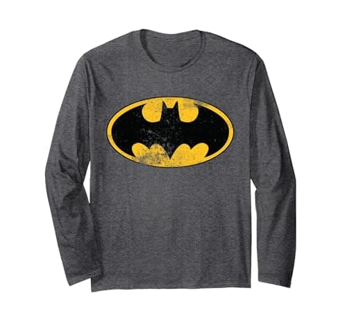 Image of DC Batman Logo Classic Distressed Long Sleeve T-Shirt, Adult Unisex, Dark Heather Grey, Large