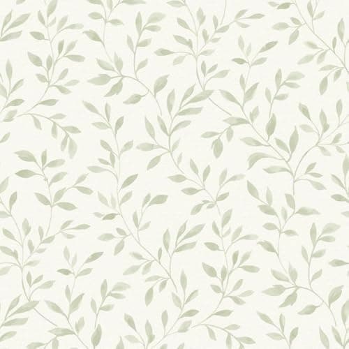 Image of Narine Sage Green Wallpaper - Floral Leaves Trail Botanical Naturistic - Textured Paste The Wall Vinyl