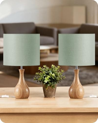 Image of GOEBLESON Small Table Lamps Set of 2, Wood Desk Lamp with Bottle-Shaped Base and Linen Shade, Bedside Lamp, E27 LED Bulb Included, for Living Room, Bedroom, Sage Green and Natural ZMJ09TLKP205