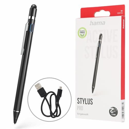Image of Hama Active Stylus for Tablet (ultra-fine, rechargeable stylus for Android/iOS, phone and tablet pen for capacitive touch displays, iPad-compatible, with clip) black