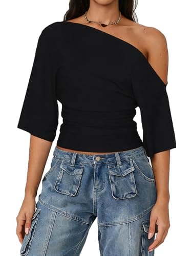 Image of Felcia Women's Y2k Off Shoulder Top Sexy Short Sleeve Slim Fit Cropped T Shirt Summer Chic Going Out Tops Aesthetic Clothes (A-Black, M)