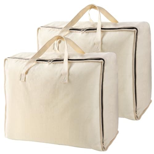 Image of Belinlen 2-Pack Canvas Storage Bag 12OZ Thick Cotton Natural Closet Soft Storage Bag Sweater Organizer Box with Zipper and 2 Strong Handles, Beige