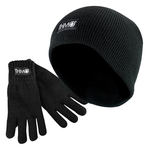Image of THMO Kids Thinsulate Hat & Gloves Set Knitted Thinsulate Fleece Winter Gloves & Hat Set for Childrens (M, Black)