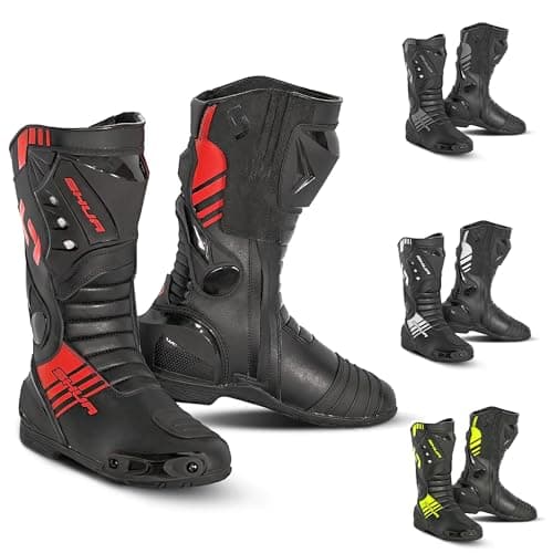 Image of MAXIMO-MOTO Mens Motorbike Boots –Waterproof Racing Biker Shoes CE Approved Motorcycle Boots with Adjustable Clouser (Black Red, UK Footwear Size System, Adult, Men, Numeric, Medium, 6)