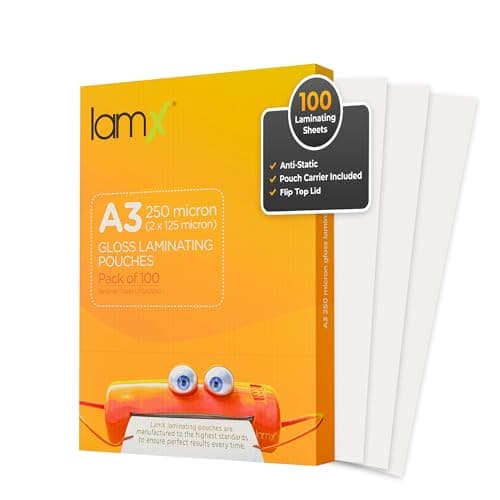 Image of LamX A3 Laminating Pouches 250micron, High Gloss Finish Sheets, Anti-Static Formula Laminating Pouches A3, 250 Micron (125+125 Micron) Pack of 100 Laminating Sheets, Free Pouch Carrier Included