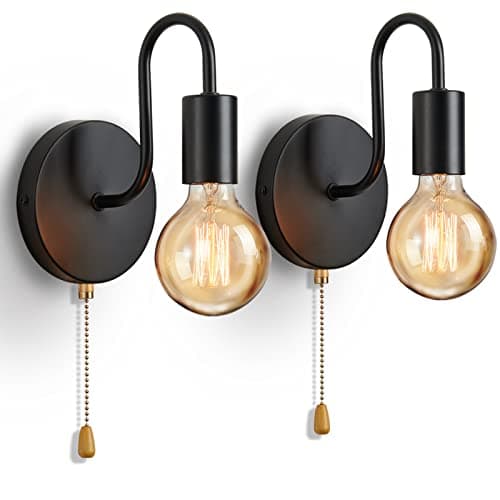 Image of Lightess 2Pcs Wall Light with Switch Pull Cord Wall Lights E27 Socket, Retro Metal Iron Wall Sconces Industrial Wall Lamp for Bedroom Living Room Hallway (No Bulb, Black)