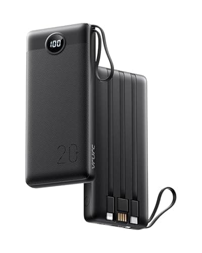 Image of VRURC Portable Charger 20000mAh with Built in Fast Charging Cables,Power Bank PD 18W QC 3.0 Quick Charge USB C Battery Pack with 5 Outputs & 2 Inputs Compatible with Smart phones