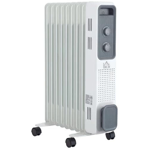 Image of HOMCOM 2000W Oil Filled Radiator, 9 Fin, Portable Electric Heater with 3 Heat Settings, Safety Cut-Off and Wheels, White