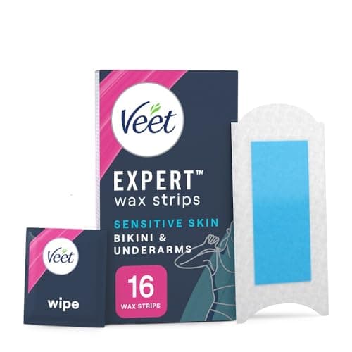 Image of Veet Cold Wax Strips Sensitive Skin, 16 Count + 3 Wipes, Brazilian & Bikini Hair Removal, Underarm Waxing with Almond Oil, Expert Formula Men, Smooth Finish