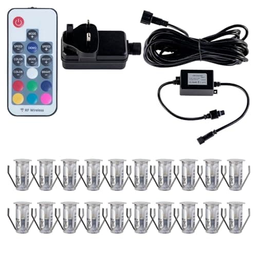 Image of firstchoicelighting Set of 20-15mm LED Decking Plinth Ground Light Kit, Stainless Steel, RGB Colour Changing, IP67 Waterproof Recessed Outdoor Garden Bathroom Kitchen