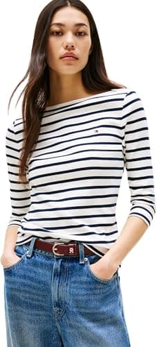 Image of Tommy Hilfiger Women’s Long Sleeve Slim Fit New Cody Top with Boat Neck, Multicolor (Breton/ECU/Dark Night Navy), M