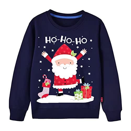 Image of Boys Christmas Jumpers 1-7 Years Girls Kids Xmas Navy Blue Sweatshirts Jumper Toddler Santa Claus Reindeer Tops Present Baby T-Shirts Long Sleeve Cotton Gifts Tees Crew Neck Casual Winter Clothes