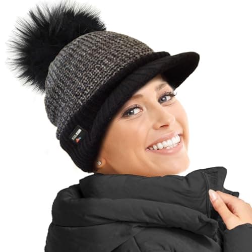 Image of RockJock Ladies Warm Fleece Lined Knitted Peaked Beanie Baseball Cap with Detachable Faux Fur Pompom- wear with or Without Black
