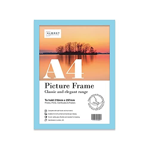 Image of A4 Light Blue Picture Frame, Fits A4 (21 x 29.7cm - 8.3 x 11.7in) Poster, Photo, or Print. Portrait and Horizontal Wall Hooks/Kickstand Wall Art Display