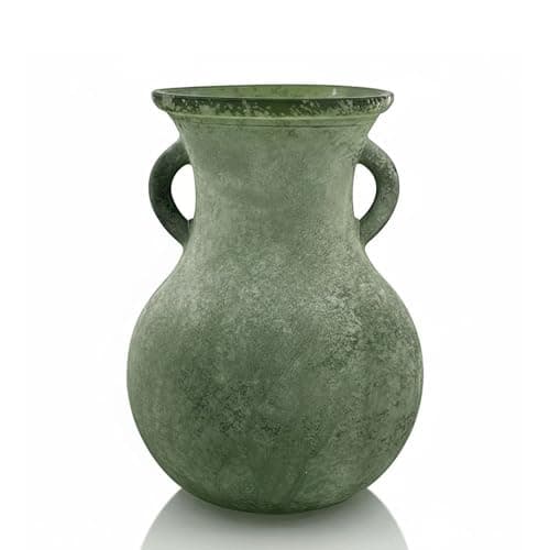 Image of EAZHOP Frosted Glass Vase with Handles 20cm Vintage Marble Texture Double Eared Antique Vase Rustic Farmhouse Decor for Table Centrepiece Holiday Decorations (Sage Green)