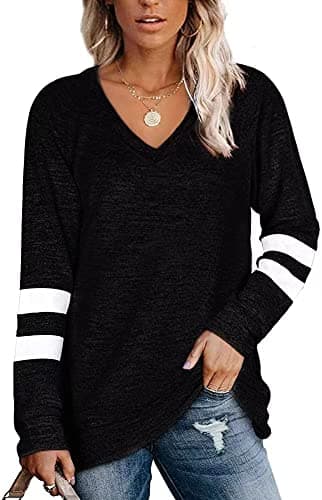 Image of Famulily Sweatshirt for Ladies Long Sleeve Cotton Striped V-Neck Loose Casual Jumper Tops Black XL