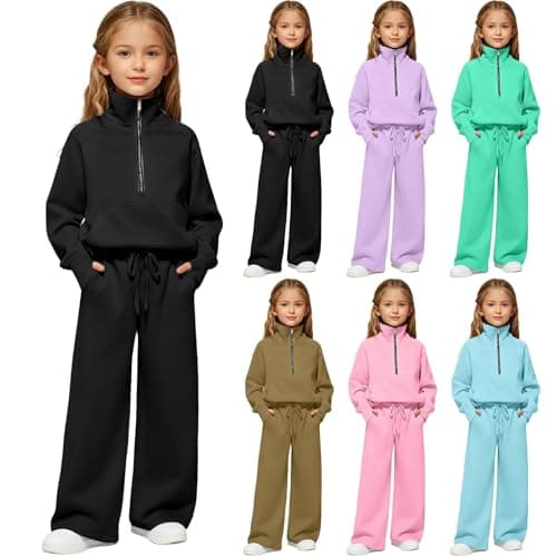 Image of Girls Half Zipper Sweatsuit Outfit Kids 2 Piece Long Sleeve Mock Neck Jumper Baggy Wide Leg Drawstring Elastic Waist Joggers Set Spring Breathable Sports Track Suit (Black, 15-16 Years)