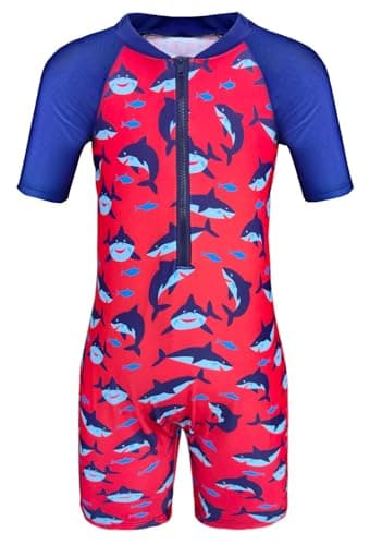 Image of Moneric Boys One Piece Swimwear Kids Shark Swimming Costume Child Rush Guard UV Protection Swimsuit Beach Holiday Swim Wear Red 9-11 Years