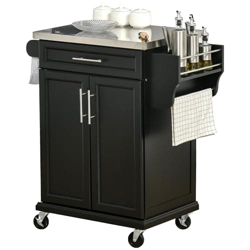 Image of HOMCOM Wooden Kitchen Island on Wheels, Serving Cart Storage Trolley with Stainless Steel Top, Drawer, Side Handle and Rack, Black
