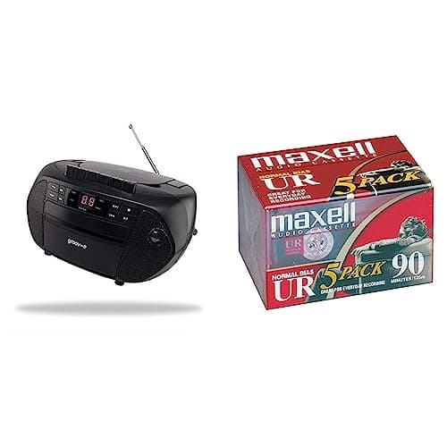 Image of Groov-e GVPS833/BK Traditional Boombox Speaker, Portable CD & Cassette Player with FM Radio, Traditional Black & Maxell 108562 UR-90 5PK Normal Bias Audio Cassettes 90 Minute With Cases 5 Pack