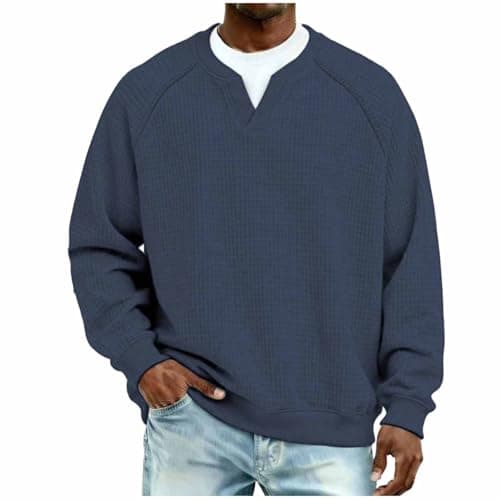 Image of Mens Tshirts UK Waffle V Neck Casual T-Shirt Long Sleeve Designer Tops Solid Color Classic Pullover Loose Fit Comfort Tees Breathable Outdoor Sports T Shirt Men's Plus Size Daily Wear