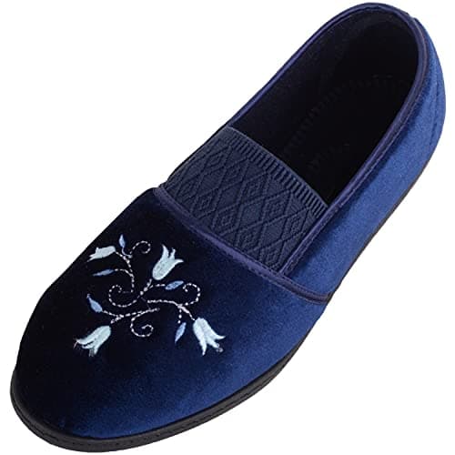 Image of ABSOLUTE FOOTWEAR Womens Slip On Velour EE Fit Slippers with Elasticated Front and Contrasting Flower Design - Navy - UK 6 / EU 39
