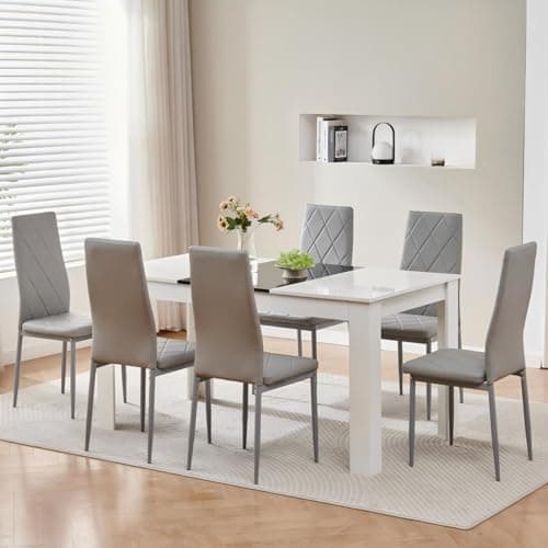 Image of Homullel 150 cm Dining Table and 6 Chairs, 6 Seater Table and Chairs Set, Kitchen Dining Room Set for 6, Compact, Space Saving (Pu Gray #2, 150cm, 6 Seats)