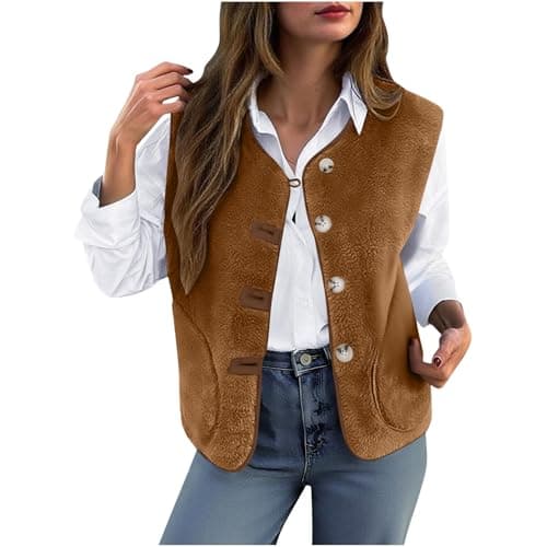 Image of Gilet for Women Solid Sleeveless Button Winter Warm Fleece Jackets with Pockets Casual Fashion Soft Comfort Outwear ladies gillet Coffee M