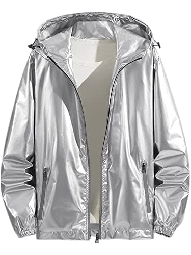 Image of Lars Amadeus Metallic Jacket for Men's Solid Zipper Sparkle Shiny Holographic Hooded Windbreaker Silver L
