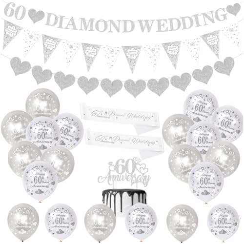 Image of Diamond Decoration Set for 60th Wedding Anniversary, Balloon Mix with Lovely Banner, Glitter Bunting, Heart Garland and Cute Cake Topper for Parents Celebration Use
