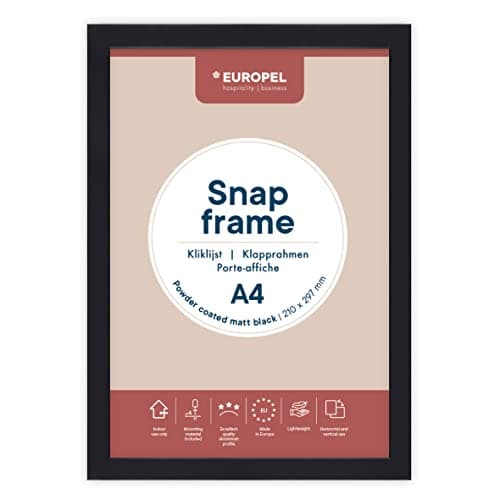 Image of EUROPEL lightweight Snap frame A4, matt black powder-coated finish, Profile 25x11 mm, Anodized aluminum, anti-reflective protector, External dimensions 241x328 mm, Grey polystyrene back