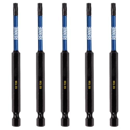 Image of 5 x Rennie Tools 100mm Long T20 TX20 Impact Screwdriver Driver Bits Set. Heavy Duty Magnetic Torx Screwdriver Bit Set. Black Oxide Coated Torx Impact Driver Bits. Torx Bit Set.